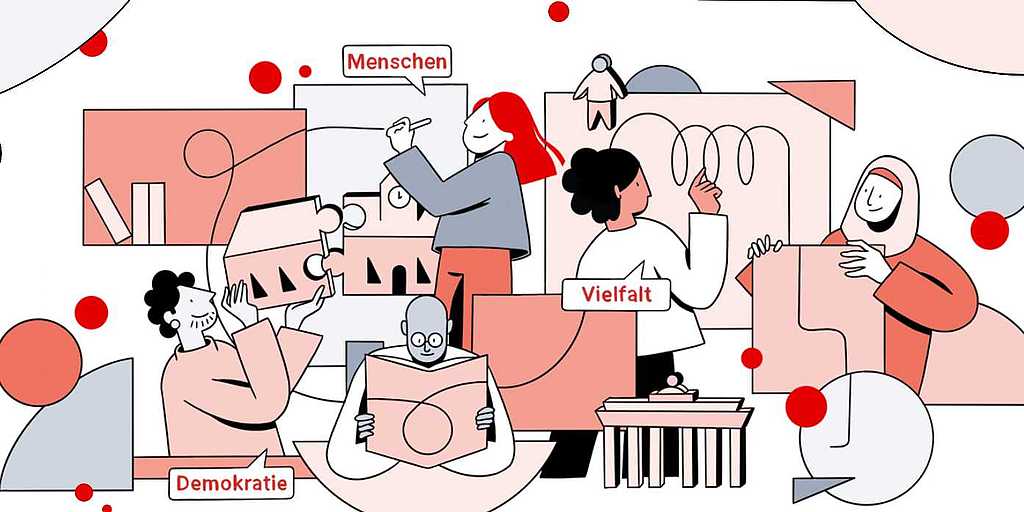 Illustration mit Menschen unterschiedlicher Herkunft und Berufen in Interaktion, begleitet von Symbolen für Demokratie, Vielfalt und Bildung.