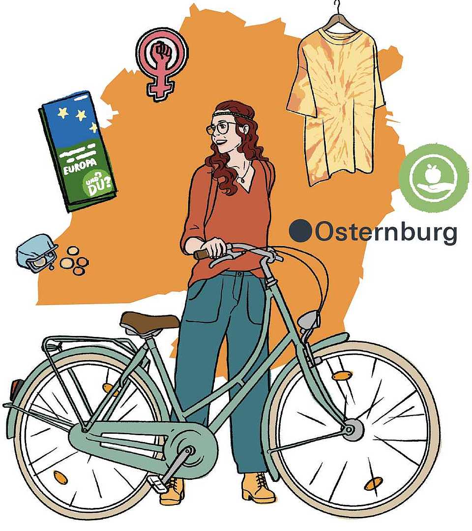 Illustration einer jungen Frau mit Fahrrad vor einer stilisierten Karte des Stadtteils Osternburg in Oldenburg. Sie trägt lockiges Haar, Brille, Stirnband, einen roten Pullover und weite Jeans. Um sie herum Symbole: ein Fahrradhelm, ein Europa-Wahlplakat, ein feministisches Symbol, ein Second-Hand-Shirt und das Bio-Siegel.