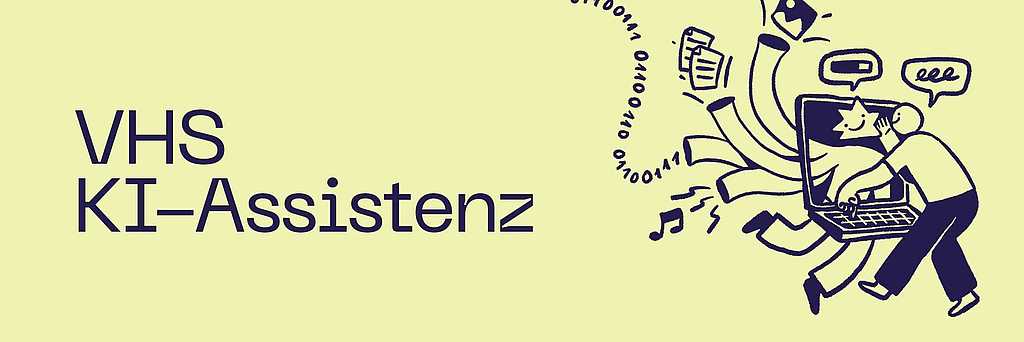 Illustration zur VHS KI-Assistenz: Eine Person arbeitet an einem Laptop, umgeben von Symbolen für Mensch-Maschine-Kommunikation.