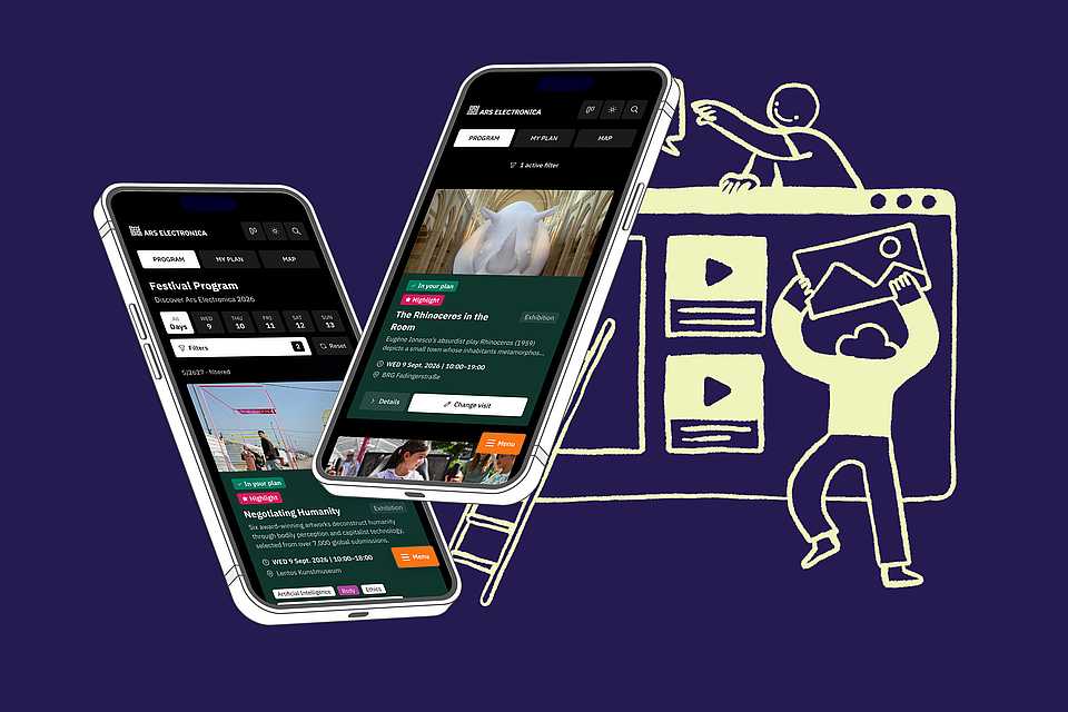 Festival Planner der Ars Electronica auf zwei Smartphones vor einer illustrierten Festival-Szene.