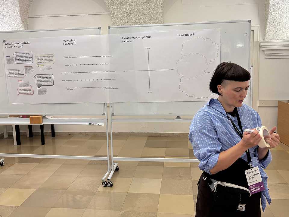 Marthe Trottnow im Workshopraum vor einer großen Arbeitswand mit Ergebnissen des Character Labs.