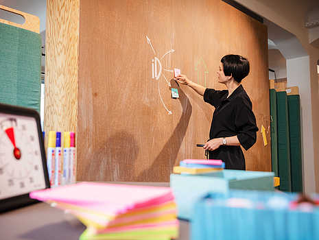 Oben auf GfG Magazin Website ist ein Bild mit unserer GfG Mitarbeiterin Marthe Trottnow zu sehen, wie sie an einer Kreidetafel steht und zeichnet.