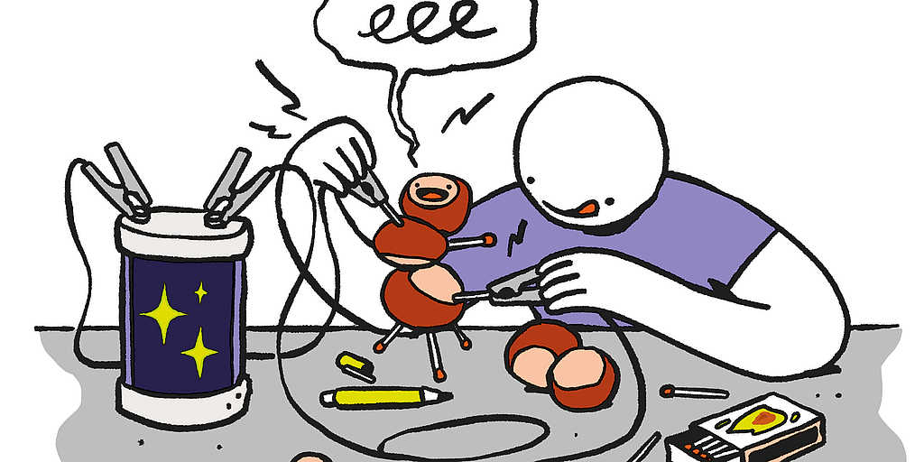 Illustration einer Person beim Animieren einer Kastanienfigur mit Kabeln und Werkzeug.