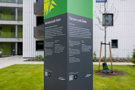 Eine Infotafel vor einem modernen Wohngebäude beschreibt die 'Gartenstadt Vahr' und das Projekt 'Tarzan und Jane'. Die Tafel ist zweifarbig, grün und grau, und enthält detaillierte Informationen zu den Bauprojekten. Im Hintergrund ist ein modernes Wohngebäude mit großen Fenstern und Balkonen zu sehen. Der Bereich um die Tafel ist begrünt und gepflegt.