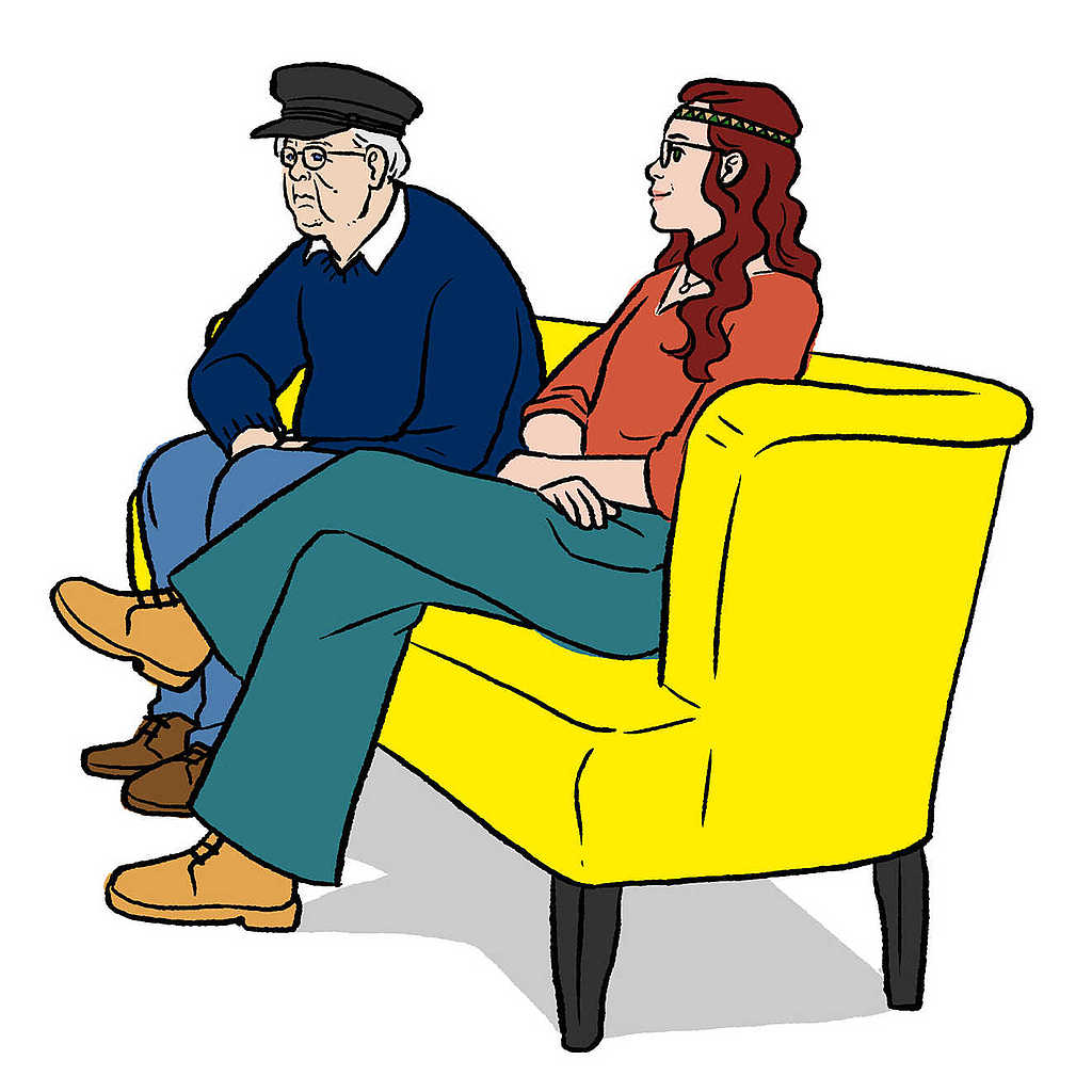 Illustration eines Gesprächs zwischen drei Personen. Links sitzt ein Mann mit Notizblock auf einem gelben Sessel. Gegenüber sitzen auf einem weiteren gelben Zweisitzer ein älterer Mann mit Stock und Mütze sowie eine junge Frau mit langen Locken und Brille. Die Szene wirkt wie ein Interview.