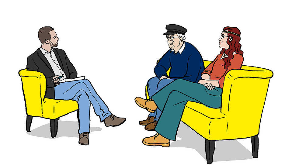 Illustration eines Gesprächs zwischen drei Personen. Links sitzt ein Mann mit Notizblock auf einem gelben Sessel. Gegenüber sitzen auf einem weiteren gelben Zweisitzer ein älterer Mann mit Stock und Mütze sowie eine junge Frau mit langen Locken und Brille. Die Szene wirkt wie ein Interview.