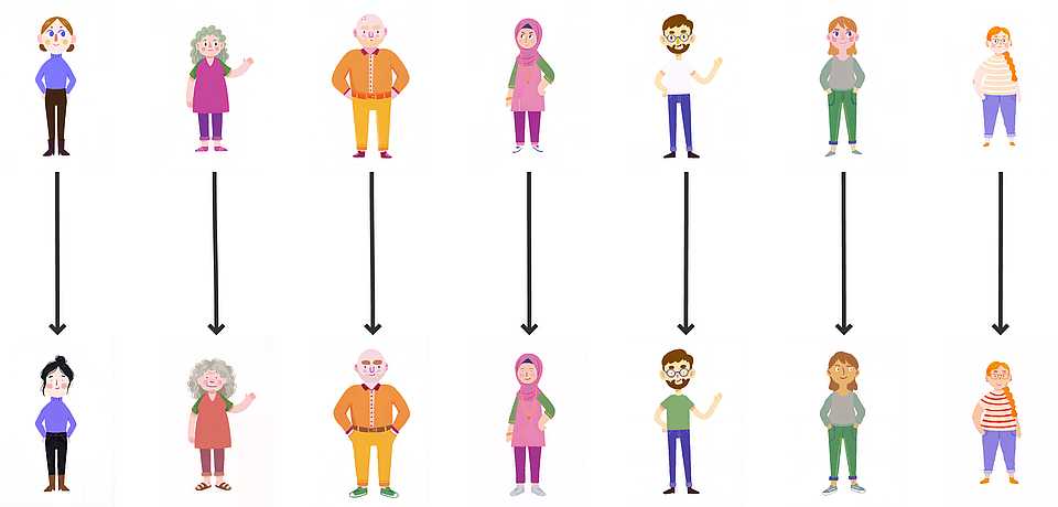 KI-generierte Figuren und die anschließend gestalterisch überarbeiteten finalen Illustrationen.