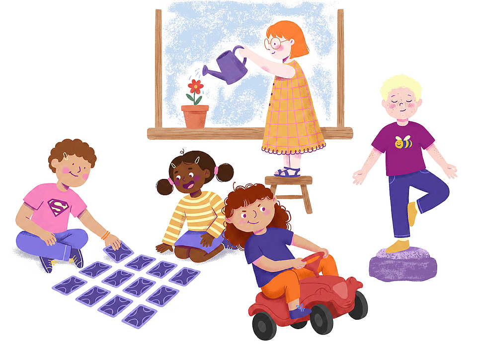 Illustrationen von Kindern beim Spielen, Gärtnern und gemeinsamen Entdecken.