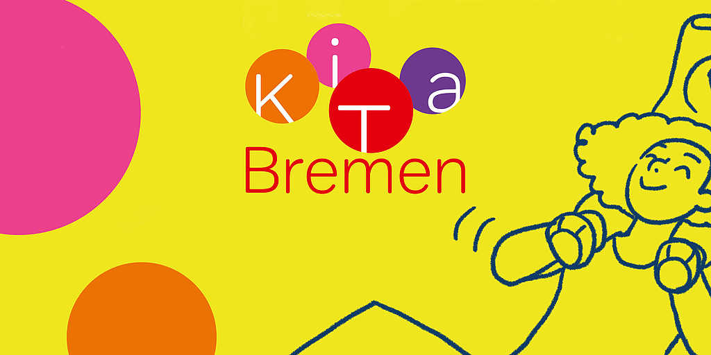 Key Visual der Kampagne 'macht Sinn!' von KiTa Bremen. Auf limonengrünem Hintergrund ist eine Zeichnung einer fröhlichen Frau mit einem Kind auf den Schultern zu sehen.
