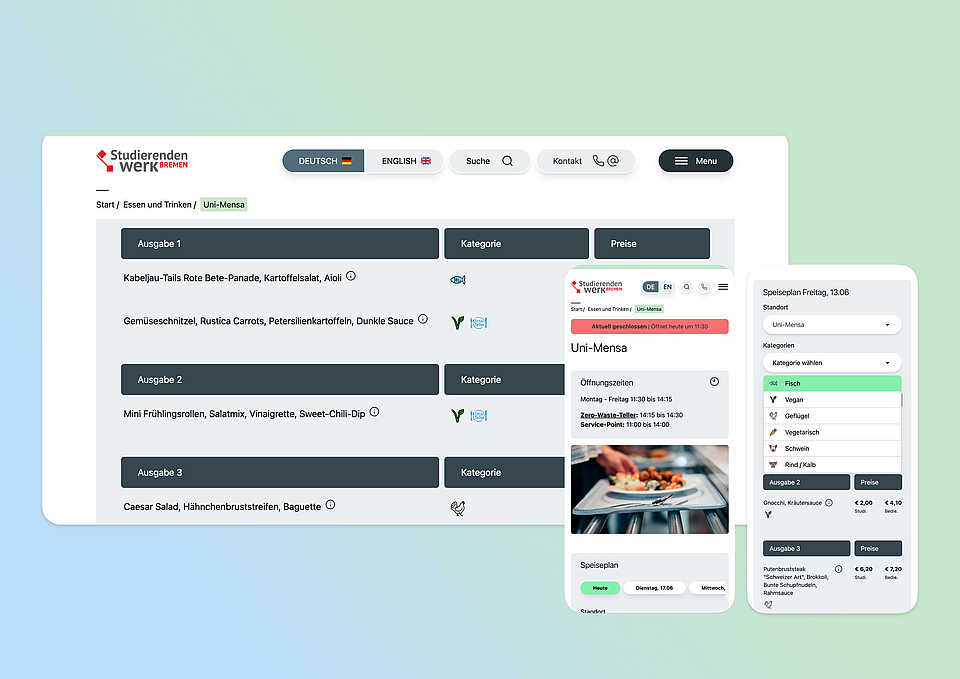 Darstellung der Speiseplan-Seite der Uni-Mensa auf der Website des Studierendenwerks Bremen in Desktop- und mobiler Ansicht mit Menüs, Kategorien, Preisen und Öffnungszeiten.