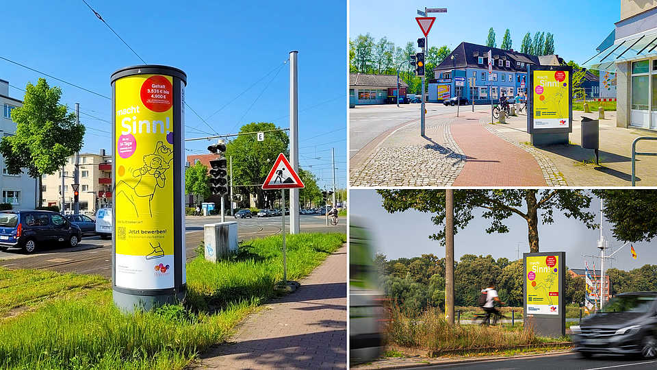 Collage mit drei Werbetafeln im öffentlichen Raum, die eine Kampagne mit der Aufschrift 'macht Sinn!' zeigen. Links steht die Tafel an einer belebten Kreuzung neben einem Verkehrsschild. Rechts oben ist eine Tafel auf einem gepflasterten Gehweg an einer Straßenecke abgebildet. Unten rechts befindet sich eine weitere Tafel neben einer vielbefahrenen Straße, während im Hintergrund ein Fahrradfahrer vorbeifährt.
