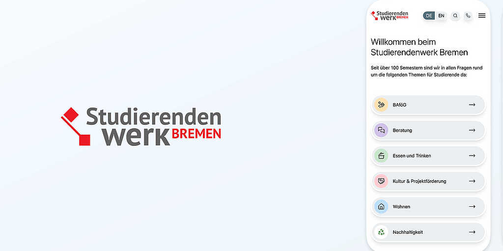 Mobile Website des Studierendenwerks Bremen mit Logo, Themenübersicht und farbigen Icons zu BAföG, Beratung, Mensa, Wohnen, Kultur und Nachhaltigkeit.
