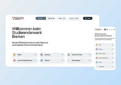 Startseite der Website des Studierendenwerks Bremen in Desktop- und mobiler Ansicht mit Begrüßungstext und Buttons zu BAföG, Beratung, Essen und Trinken, Kultur, Wohnen und Nachhaltigkeit.