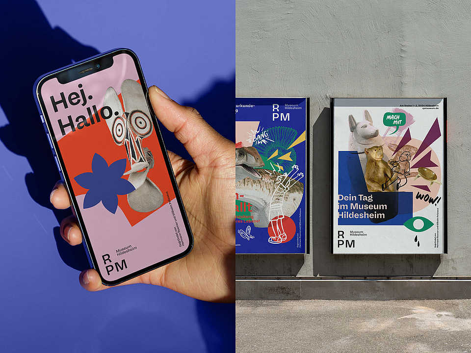 Digitale und gedruckte Gestaltungselemente des RPM Museums mit farbigen Illustrationen und auffälliger Typografie