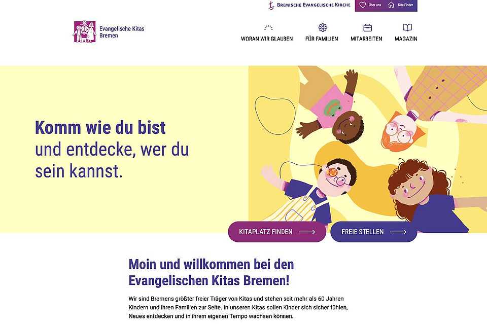Startseite der Website der Evangelischen Kitas Bremen mit farbenfroher Illustration, zentraler Botschaft und Einstiegen für Familien und Bewerber:innen.