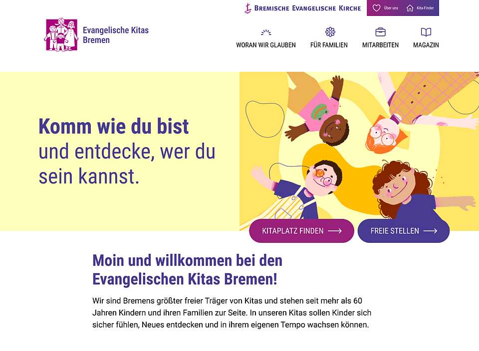 Startseite der Website der Evangelischen Kitas Bremen mit farbenfroher Illustration, zentraler Botschaft und Einstiegen für Familien und Bewerber:innen.