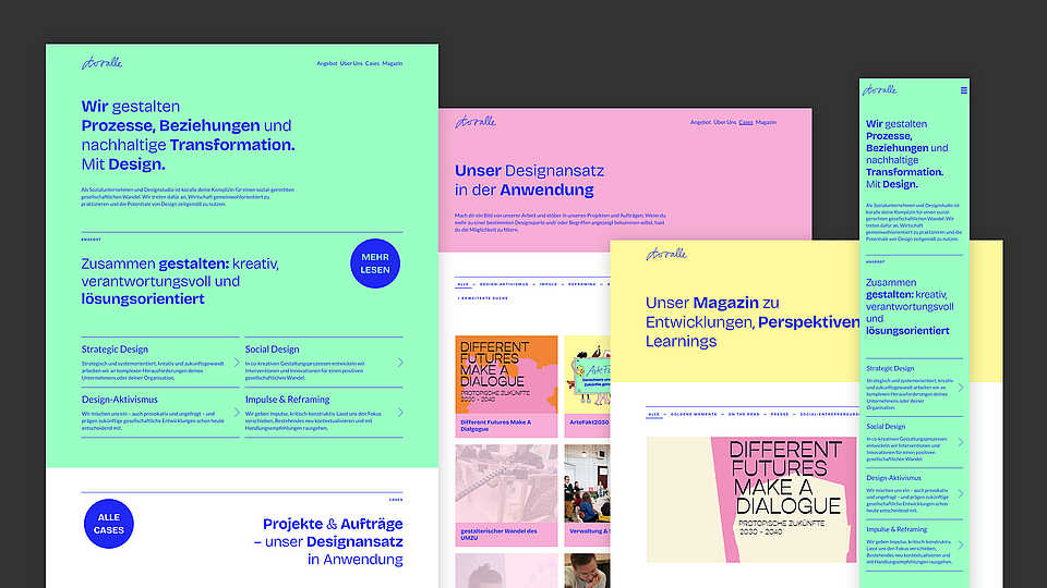 Montage von vier Screenshots der Website
