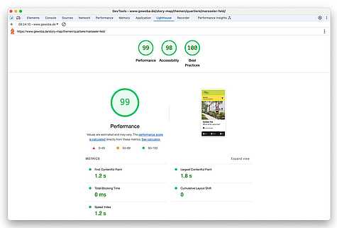 Screenshot von Lighthouse-Testdaten