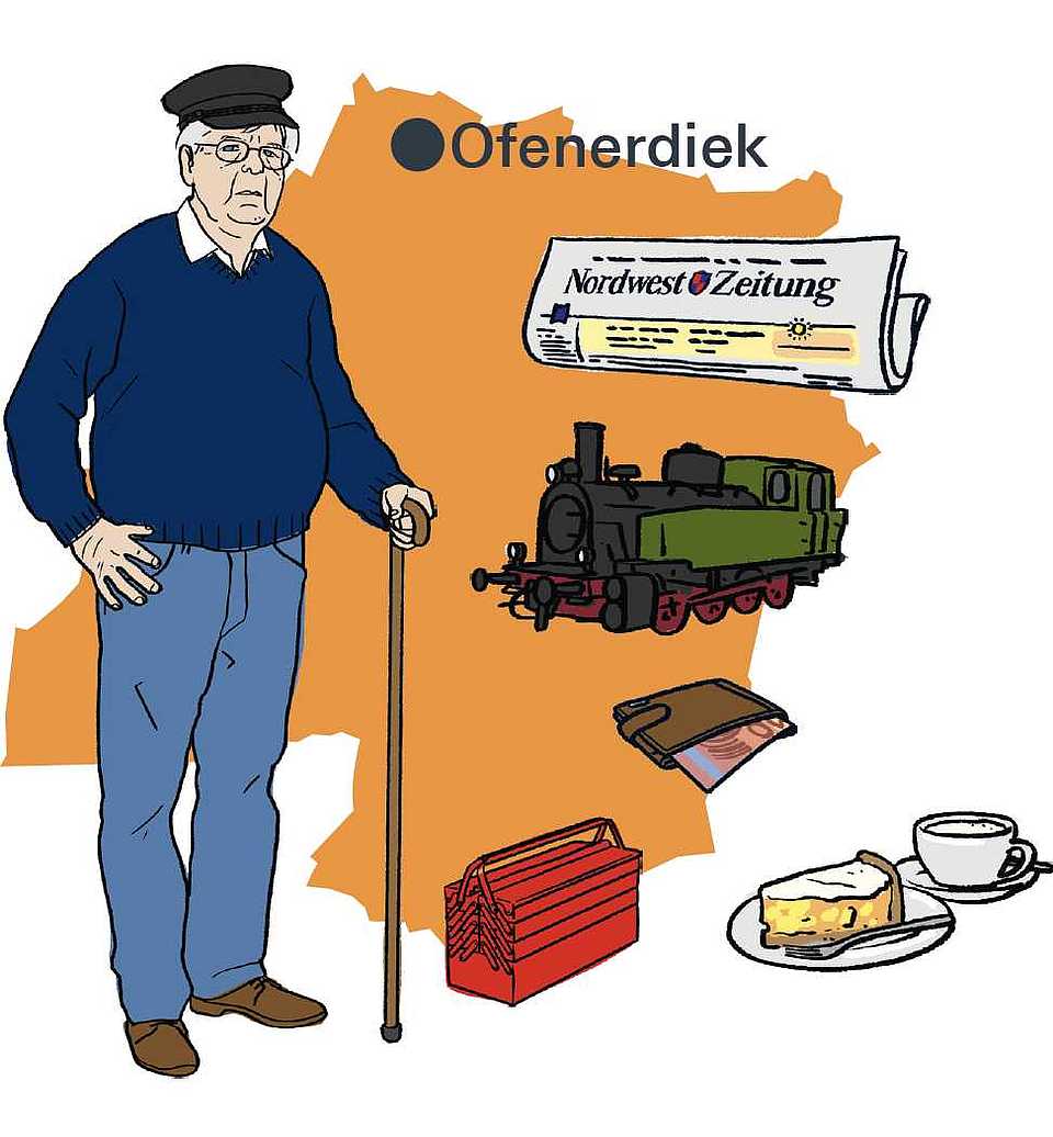 Illustration eines älteren Mannes mit Stock und Schiebermütze vor einer stilisierten Karte des Stadtteils Ofenerdiek in Oldenburg. Er trägt Pullover und Jeans. Um ihn herum sind eine Lokomotive, eine Zeitung, ein Werkzeugkasten, eine Geldbörse und ein Stück Kuchen mit Kaffee abgebildet.